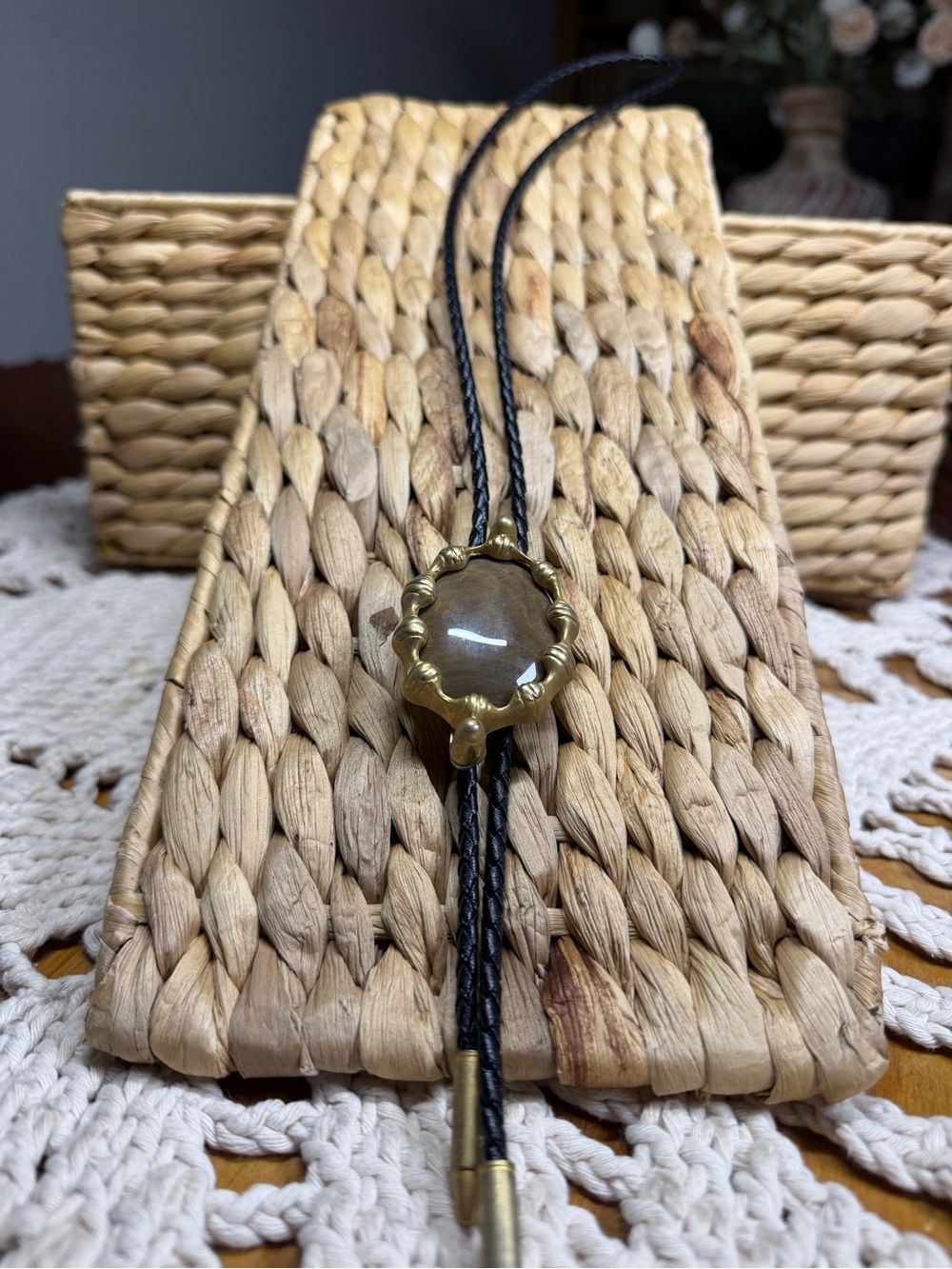 Vintage Western Bolo Tie Brown Gemstone 30x40mm Brass Tone Black Cord Cowboy
